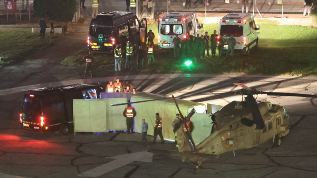 Medical teams attend to Israeli children hostages who were held by Hamas in Gaza, after they landed in an Israeli army helicopter at the helipad of the Schneider-Children`s Medical Center in Petah Tikva, Israel, 24 November 2023