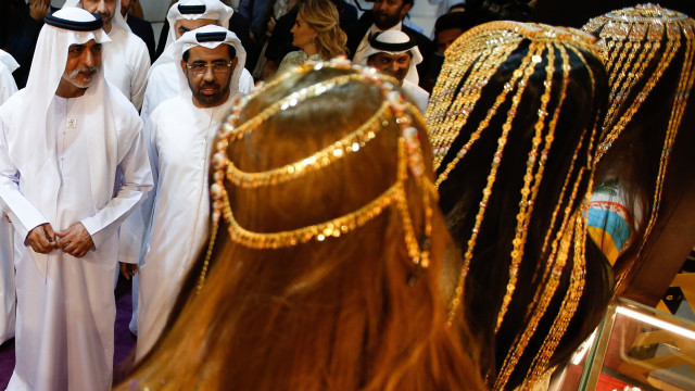 UAE Minister of Tolerance Sheikh Nahayan Mabarak Al Nahayan (L) tours at the exhibition of the Jewellery and Watch Show at Abu Dhabi National Exhibition Centre, United Arab Emirates, 26 October 2019